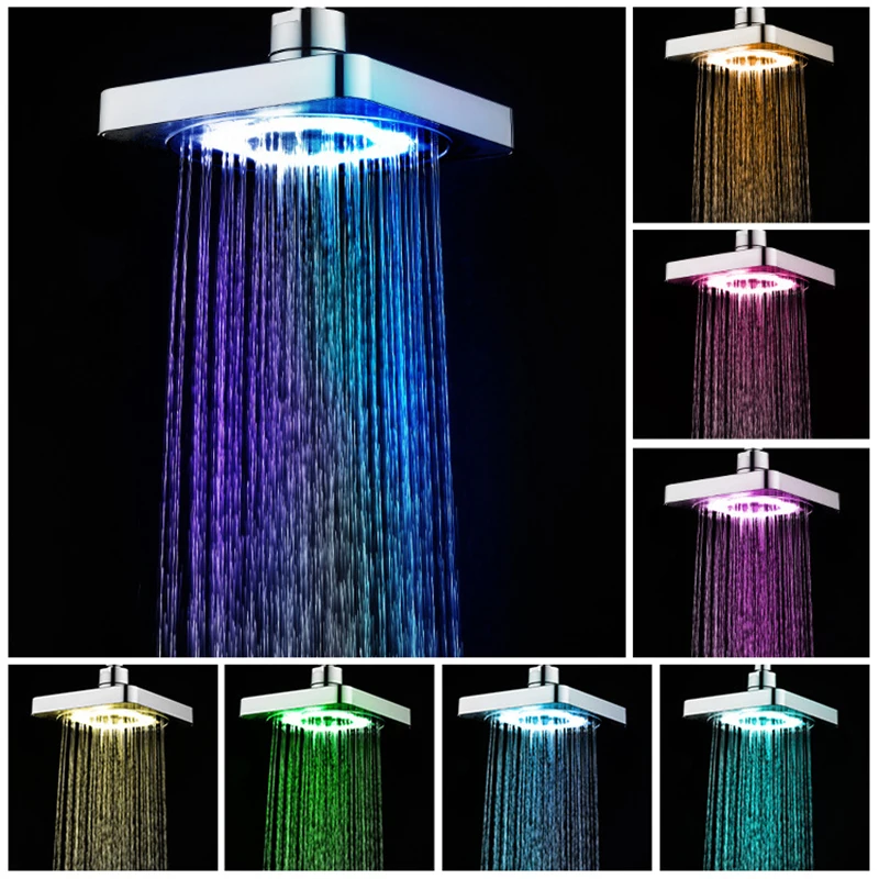 new led rainfall shower head square shower head automatically rgb 7 color changing temperature sensor showerhead for bathroom free global shipping