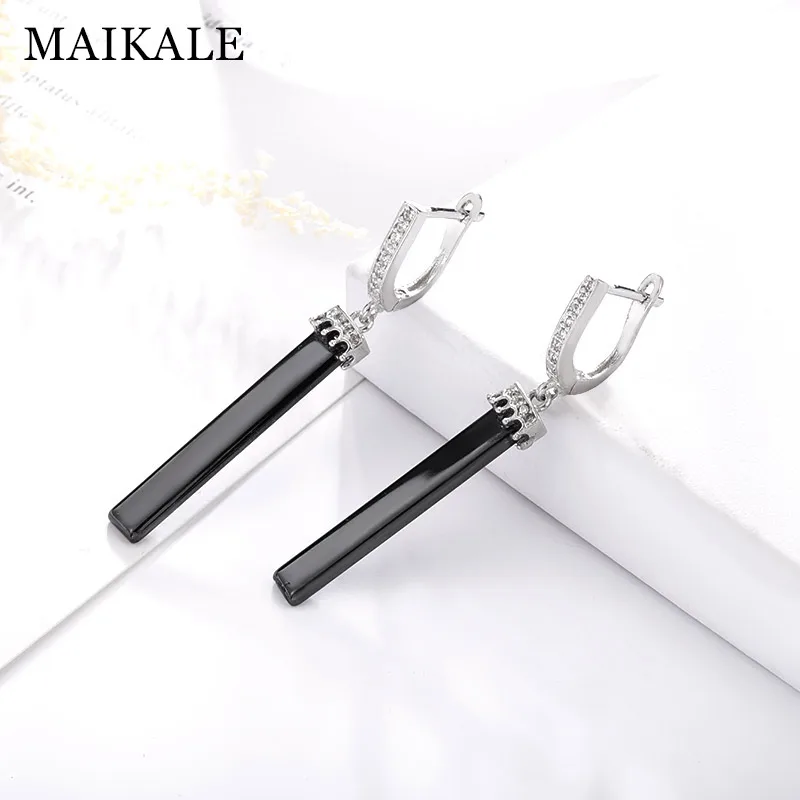 MAIKALE, черные, белые керамические длинные серьги, корона, серьги для женщин, новая мода, кубический цирконий, золото, серебро, CZ, висячие серьги, подарки