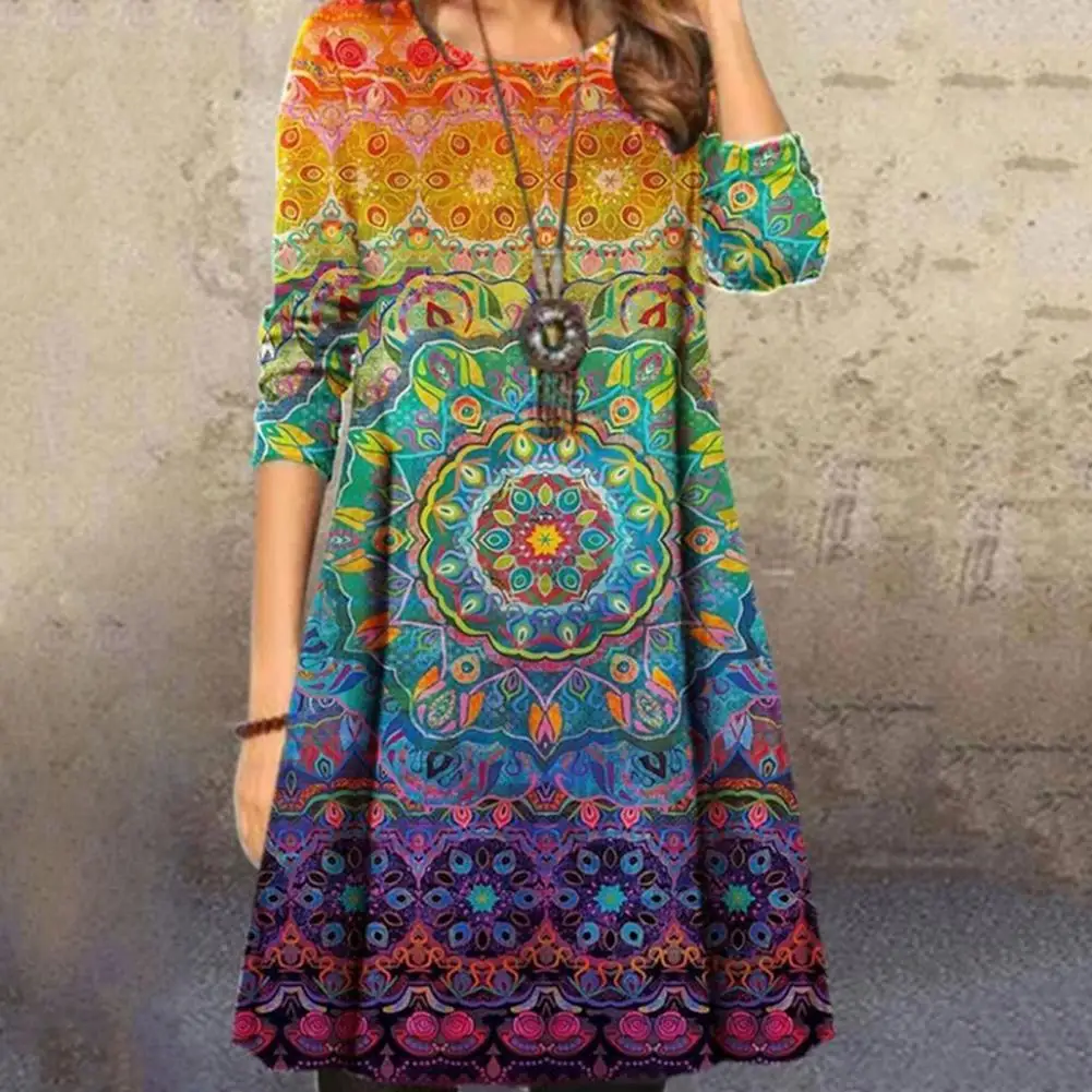 

Women 2021 Loose Floral Print Boho Vintage Knee-length Dress Long Sleeve O Neck Digital Print Large Hem Party Dresses Plus Sizes