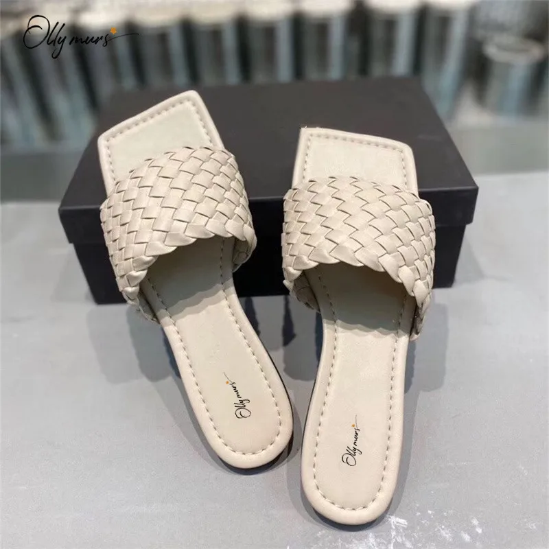 

OllyMurs New Fashion Style Woman Summer Slippers Square Toe Black Blue Women Casual Shoes Slippers Comfortable Shoes Woman