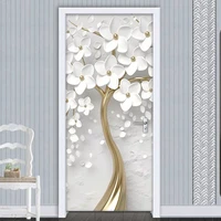 pvc self adhesive 3d door sticker white flowers tree mural wallpaper waterproof living room bedroom door stickers home decor 3d