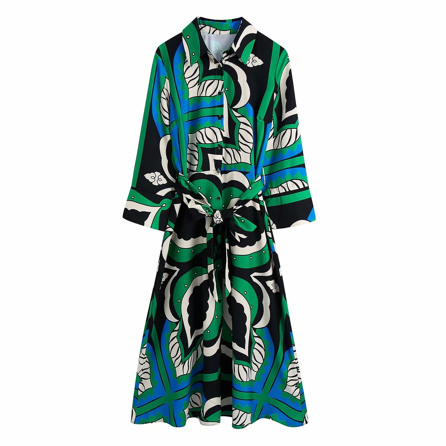 

Za Women Spring Chic With Belt Patchwork Midi Dress Vintage Printed Shirt Robe Casual Lapel Single-breasted Bow Sashes Vestidos