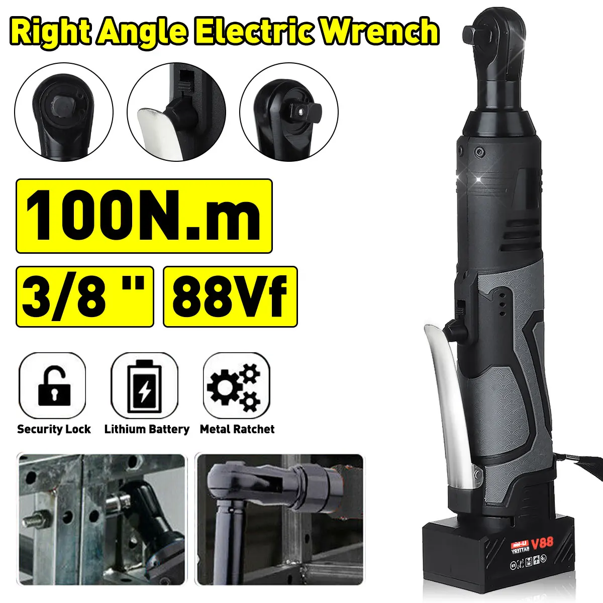 

100N.m 88VF Electric Wrench 3/8" Ratchet Wrench Set 90 Degree Angle Drill Screwdriver Wrench Tools with 2 Battery Charger Kit