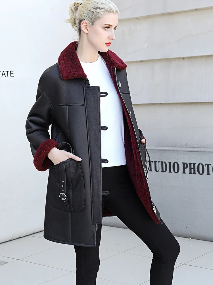 Пальто из натурального меха Женская Зимняя шерстяная подкладка пальто овчины