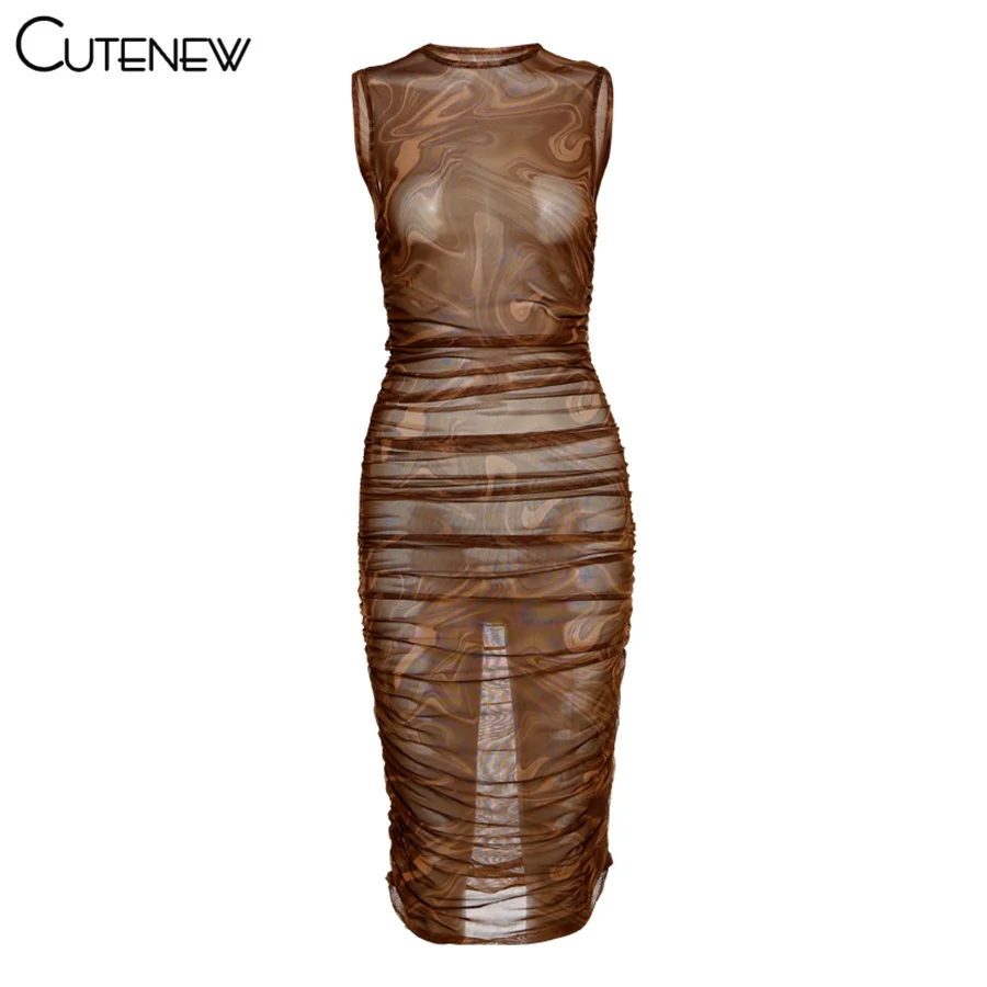 

Cutenew Sexy Mesh See Through Sleeveless Ruched Bodycon Mini Dress Women Summer Chic Party Clubwear Skinny Stretch Lady Dresses