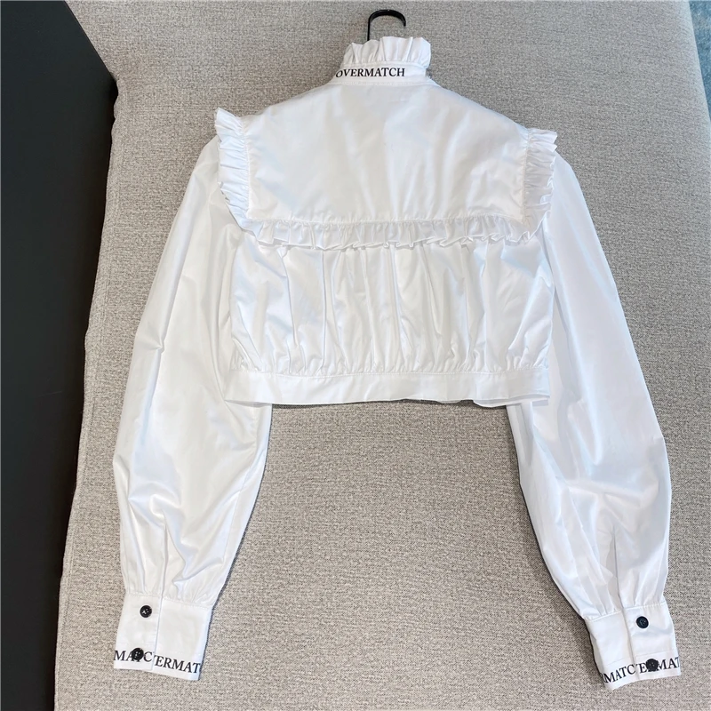 

2021 Spring New White Long Sleeve Turtleneck Vintage Style Lace Letter Ribbon Bow Short Shirt Cropped Top Ladies Blouse