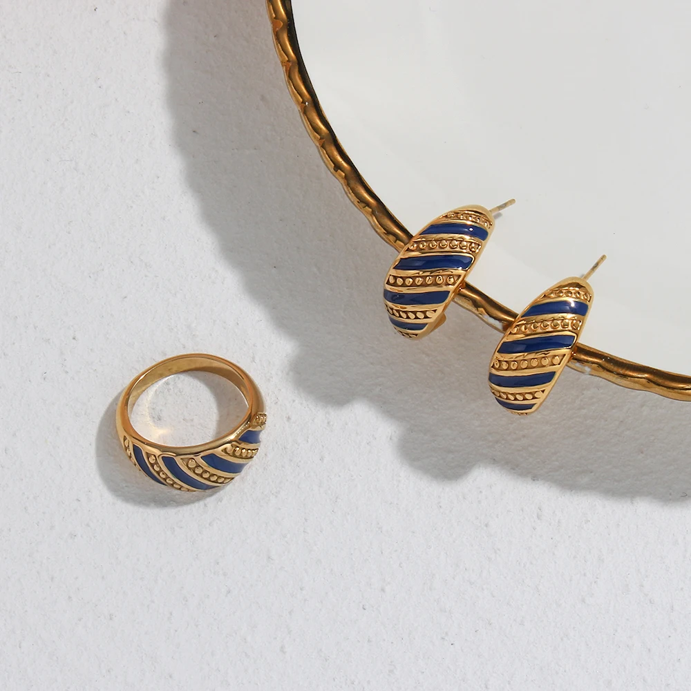 

2021 Luxury Stainless Steel Wedding Jewelry Ethno Female Blue Enamel Croissant Ring And Earrings Set For Women 18k Gold Plated