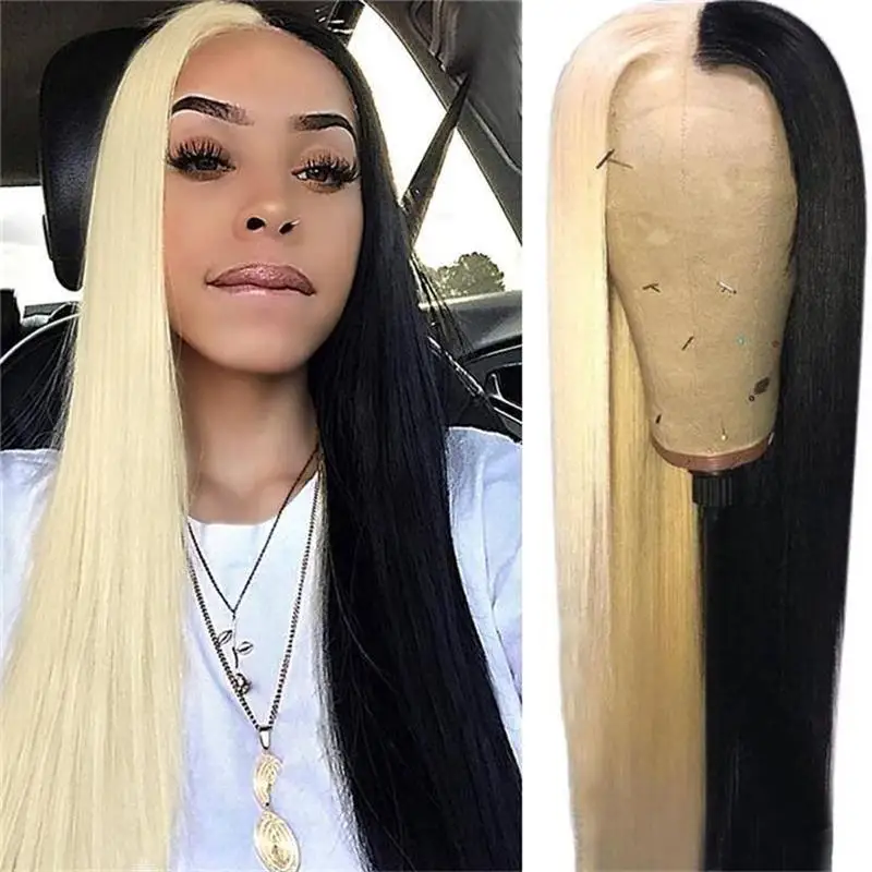 Perruques com Linha Dianteiras do Laço para Mulher Wigs Black Preto Loira Halloween Cosplay Fina Natural Sintético Longo Reto 13 × 3 Perucas 26