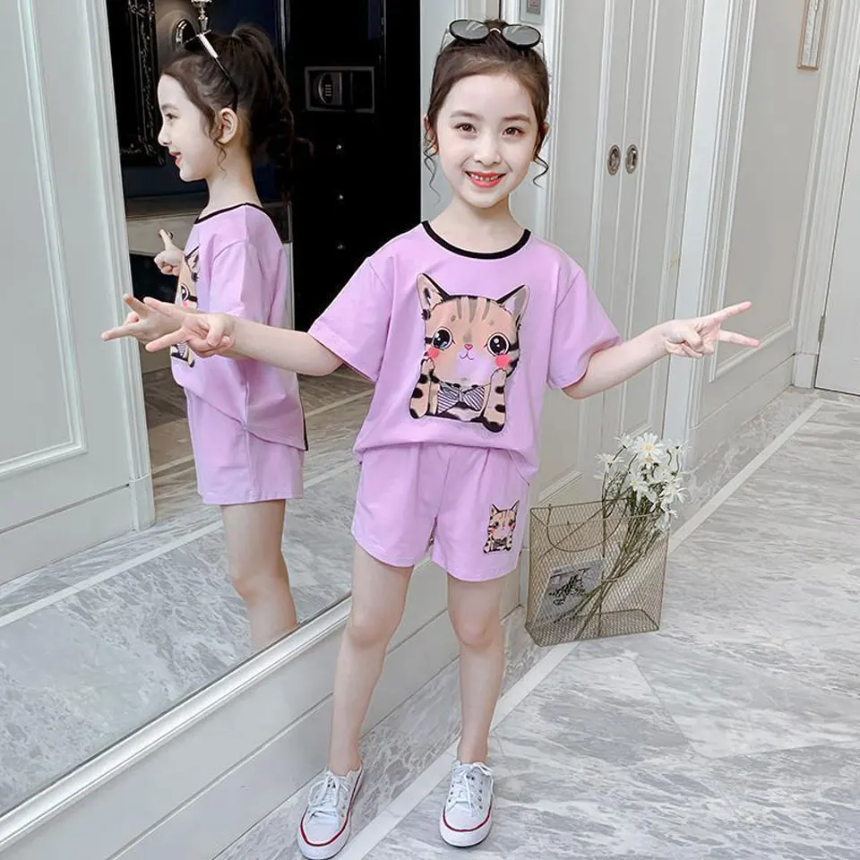

Fashion Summer Kids Clothes Pullover Short Sleeve T-shirt+ Shorts 2 Pieces Sets Cute Teenage Girls Clothing Outfits For 3-13Yrs