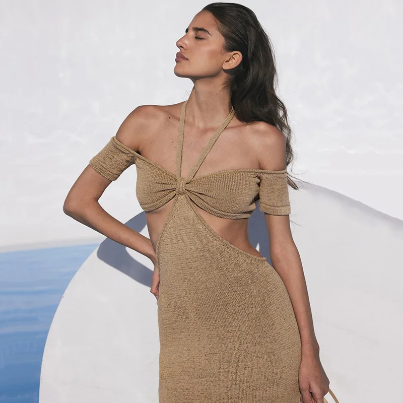 

Summer Knitting Short-sleeved Sexy Backless Hollow Dress Vacation Party Tight-fitting Wrap Buttocks Womens Long Skirt