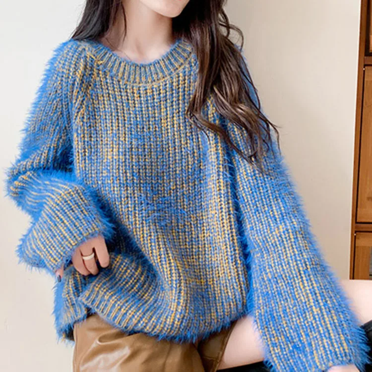 

Mohair Sweater Women Solid Blue O-neck Pullover 2021 New Jumper Knitted Top Harajuku Split Loose Chic Sweaters