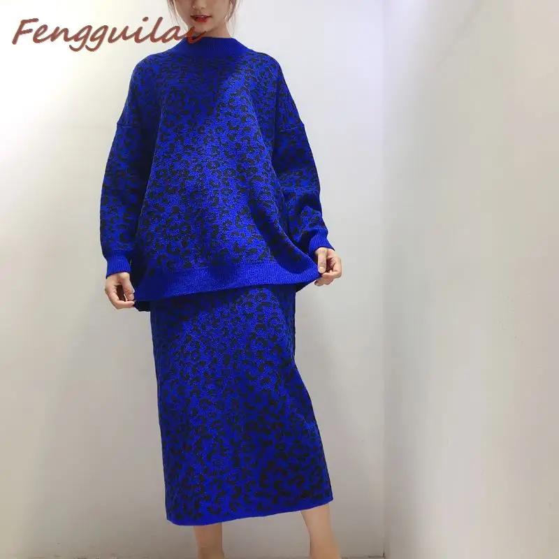 

Womens 2 Piece Sets 2019 Loose Colors Leopard Jacquard Knit Sweater + Midi Pencil Skirt Suit Lady Two-Piece Dress Knit Skirt Set