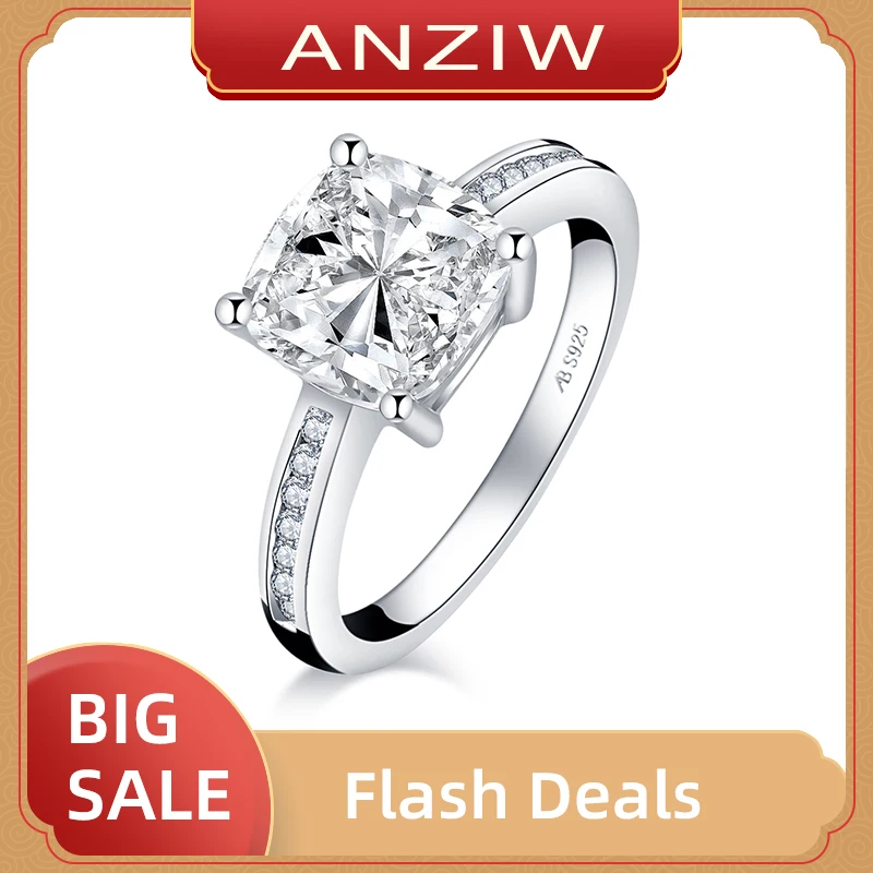 

ANZIW 925 Sterling Silver 3 Carats Cushion Cut Engagement Ring for Women Sona Simulated Diamond Anniversary Wedding Ring Band