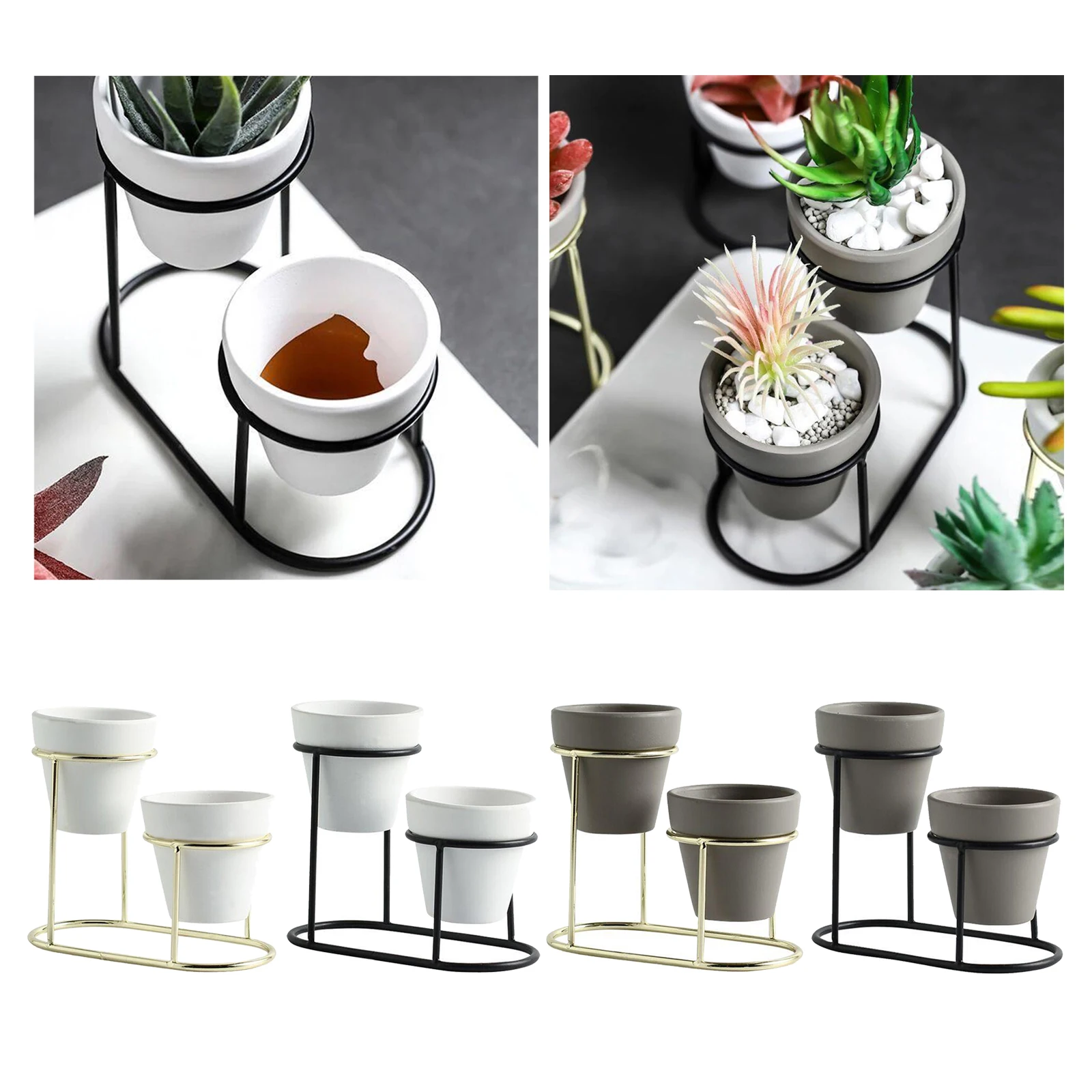 

3 in 1 Pottery Planters Miniature Pots with Metal Stand Holder for Succulent