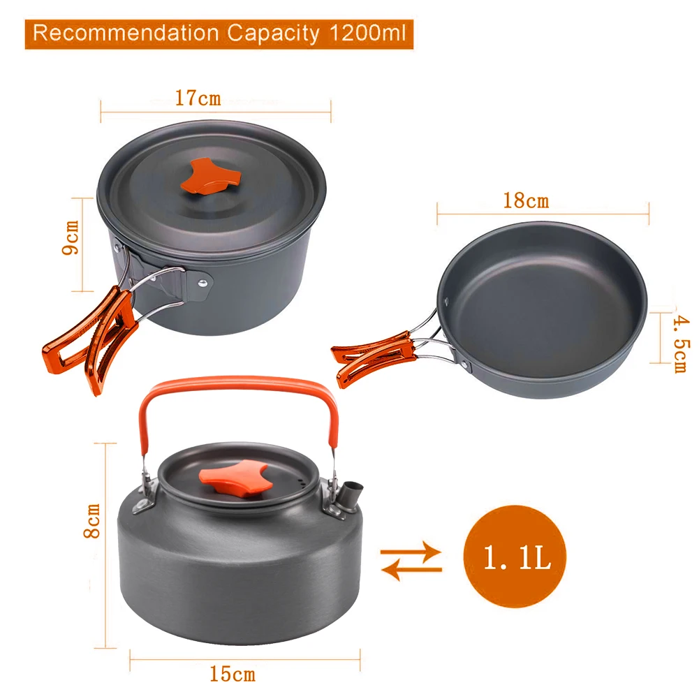 

Camping Cookware Kit Outdoor Aluminum Cooking Set Water Kettle Pan Pot Travelling Hiking Picnic BBQ Tableware Equipment