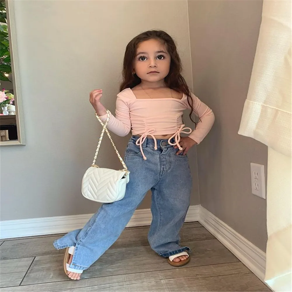 

1-5 Years Girl 2 Pcs Children's Sets Baby Kids T-Shirt And Jeans Fashion Drawstring Long Sleeve Cropped Tops Split Denim Pants