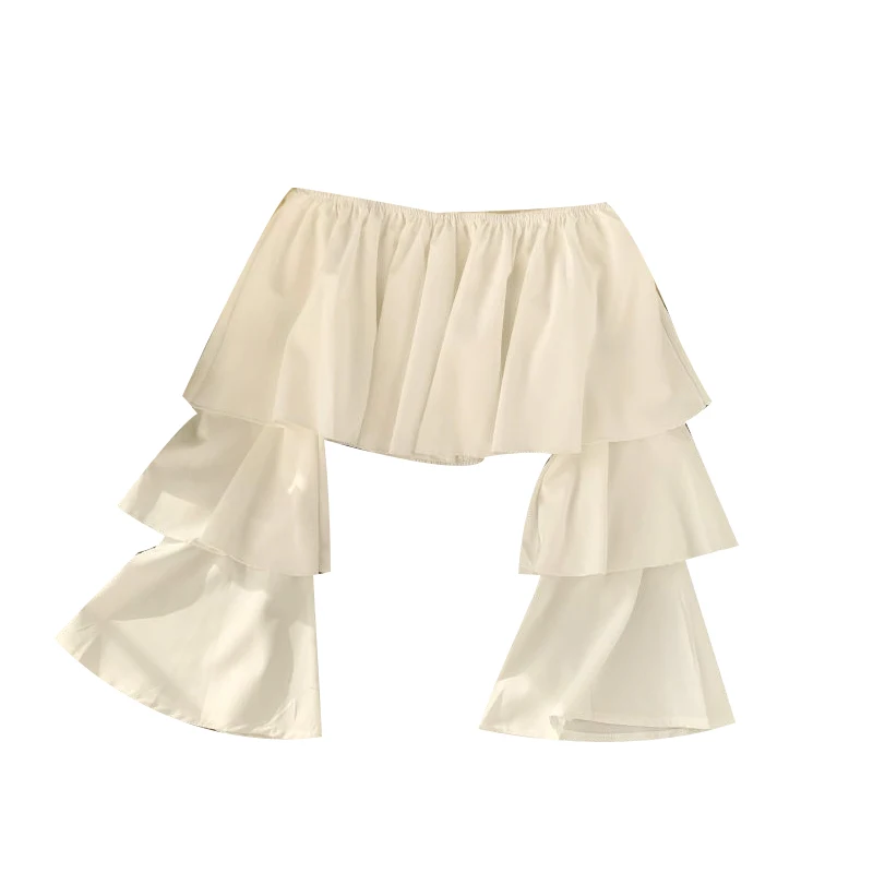 

States ins falbala long-sleeved frock with sexy shoulders a word short waist horn sleeve chiffon unlined upper garment