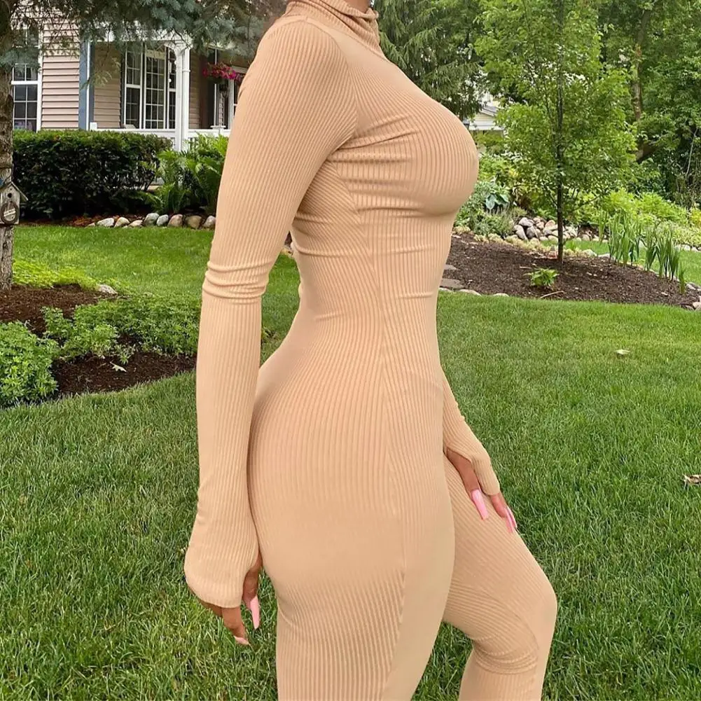 

Spring Women Jumpsuit Long Sleeve Turtle Neck Zipper Solid Color Ribbed Skinny Slim Daily Wear Jumpsuit Overall 2021