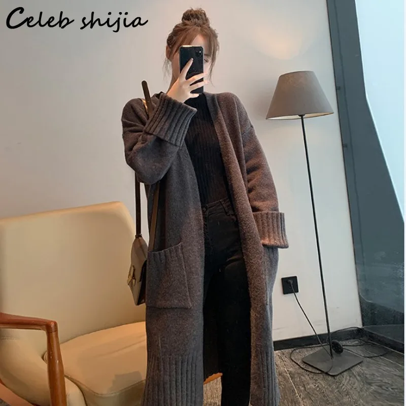 Женский длинный вязаный кардиган SHIJIA корейский шерстяной свитер цвета хаки с
