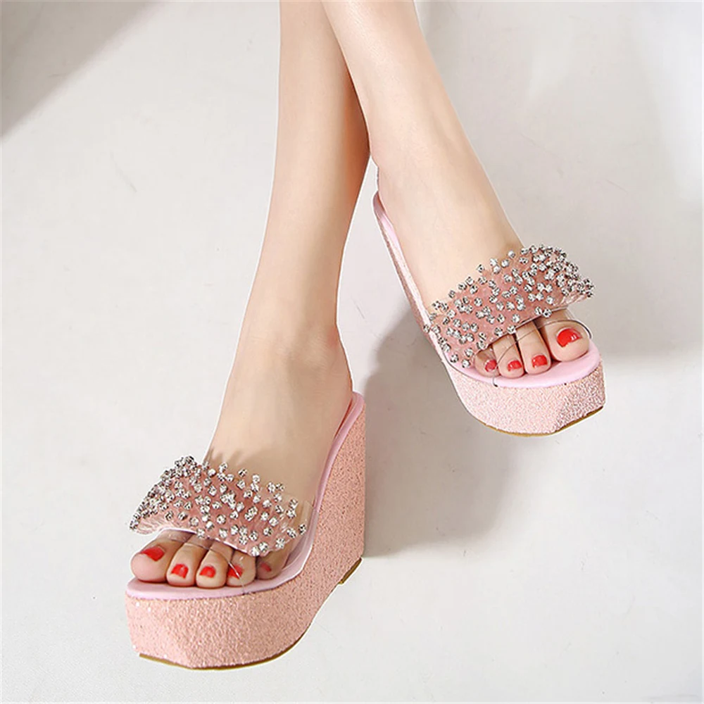 2020 женские босоножки на танкетке со стразами летние шлепанцы высоком каблуке 11 5