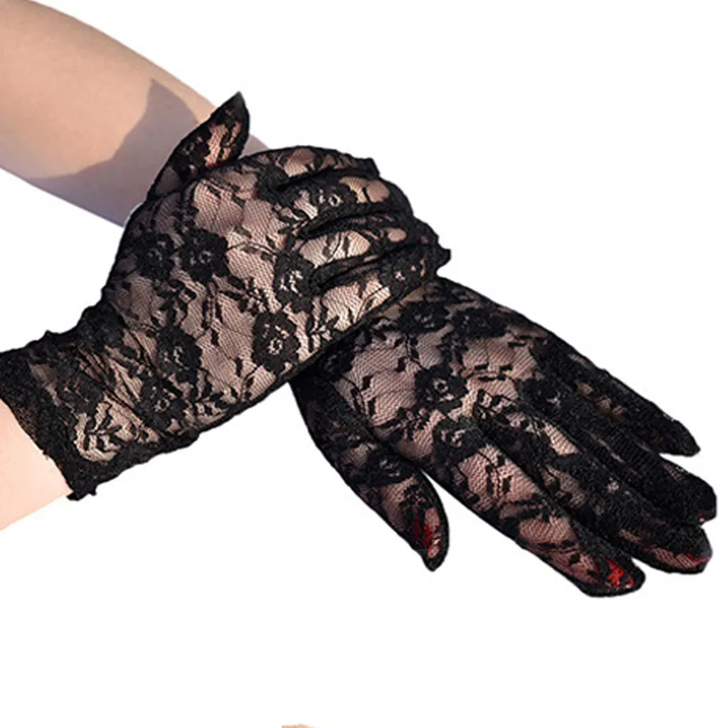 

Autumn Summer Women Gloves Stretchy Sexy Lace Short Tulle Full Finger Mittens Lotus Leaf Sheers Elegant Lady Driving Gloves