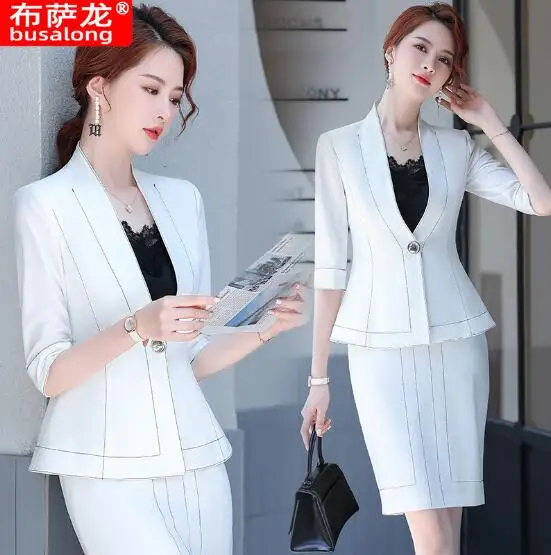 

2020 Summer autumn Fashion Design women skirt suit elegant half sleeve blazer and skirt office Interview plus size Work wear