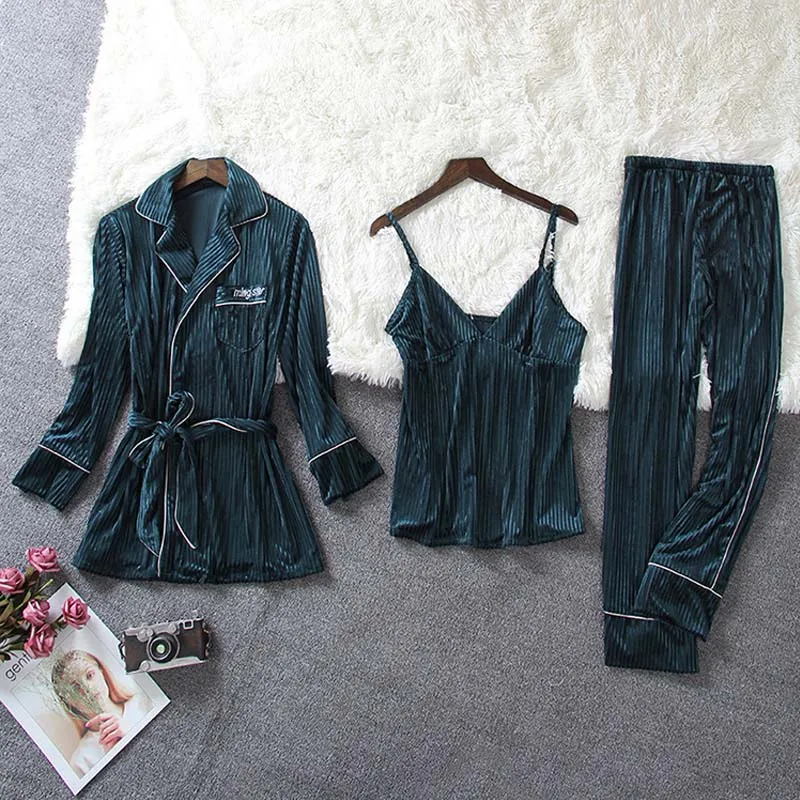 Пижама для женщин золотой бархат 4 шт. пижамный комплект длинный рукав свободный