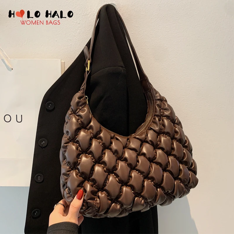 

Retro Female Shoulder Bags Casual Purses and Handbags Simple Ladies Solid Color Lingge Leather PU Half Moon Bags Women's Wallet
