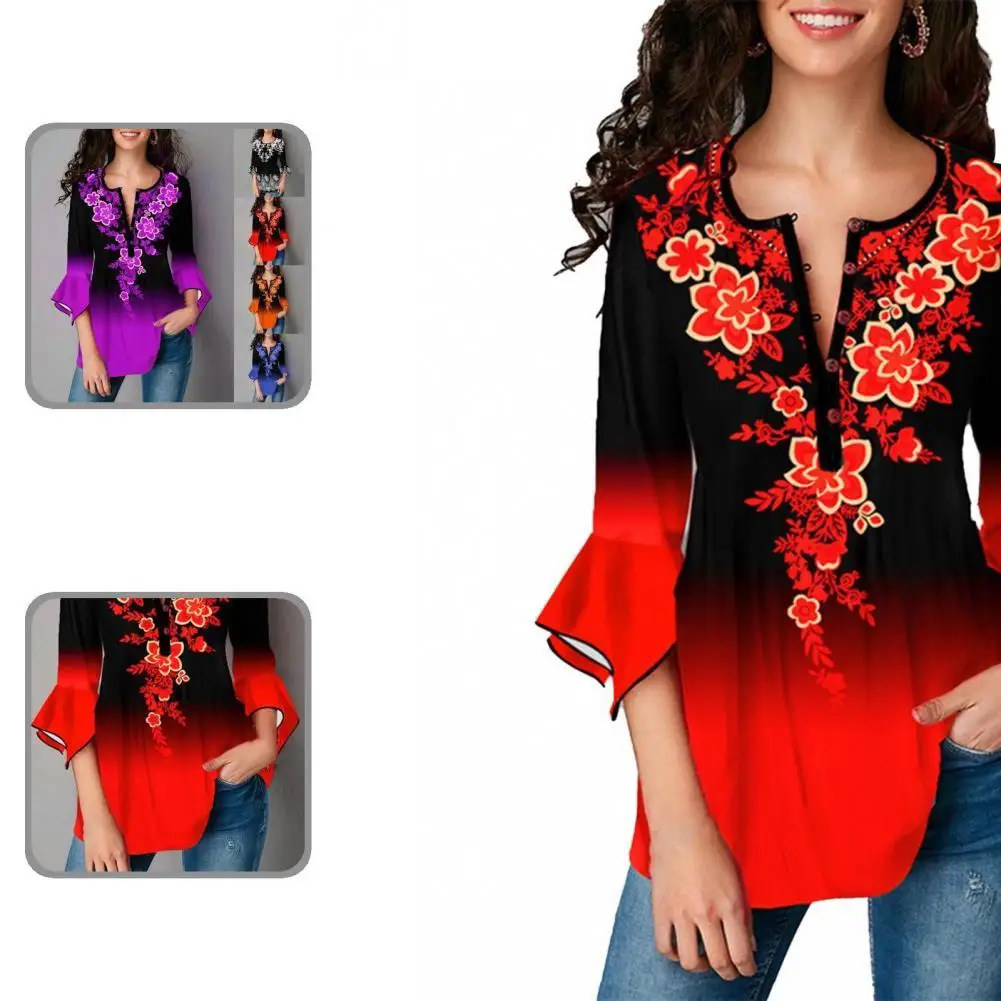 

3/4 Sleeve Women Irregular Flare Sleeve Buttons T-shirt for Daily Wear