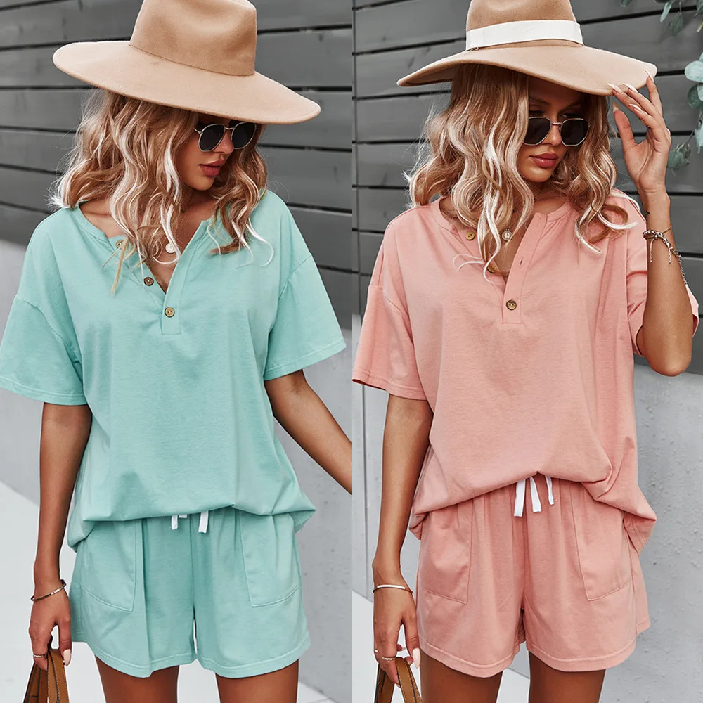 

2021 Summer New Women's Solid Color Fashion Suit T-shirt Shorts Two Pieces