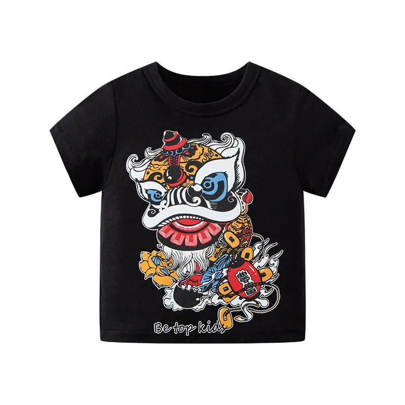 Chineses style baby girls boy tshirt cute cartoon lion dance cotton short sleeve summer vintage toddler kids clothes 2 to 10 yrs