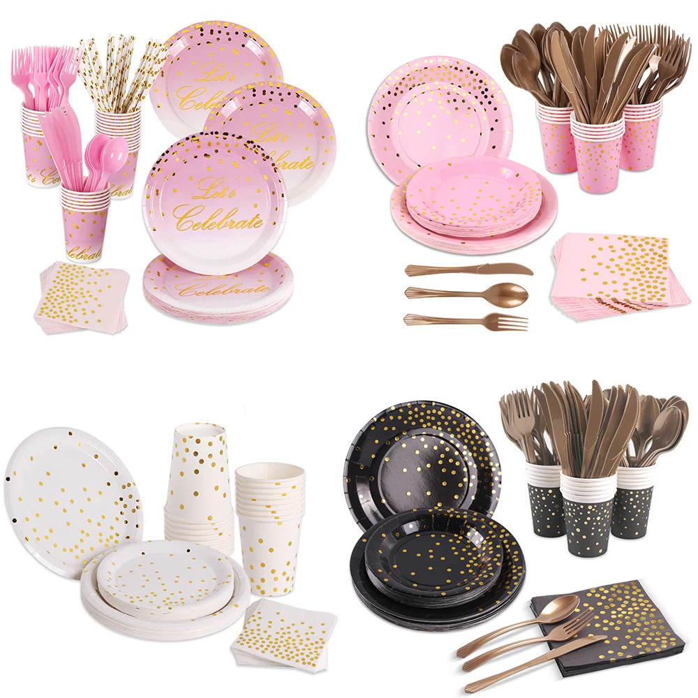 Набор одноразовой посуды с бронзовым покрытием белого черного розового цвета