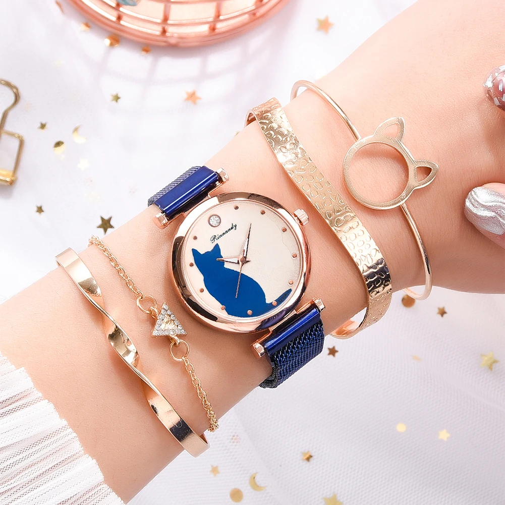 5 шт./компл. Модные женские наручные часы с сетчатым ремешком Стразы Кристалл