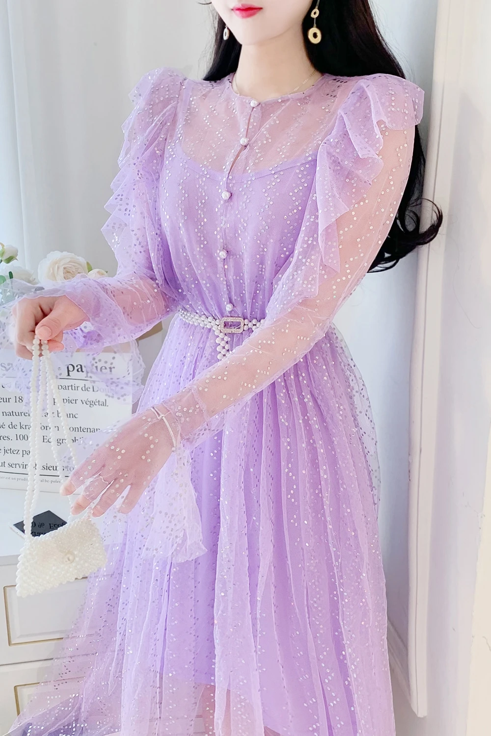 

Leiouna Office Lady Sweet A-Line 2021 Fashion New Women Spring Gilded Sequin Mesh Dress With Small Fresh Skirt Belt Summer Dress