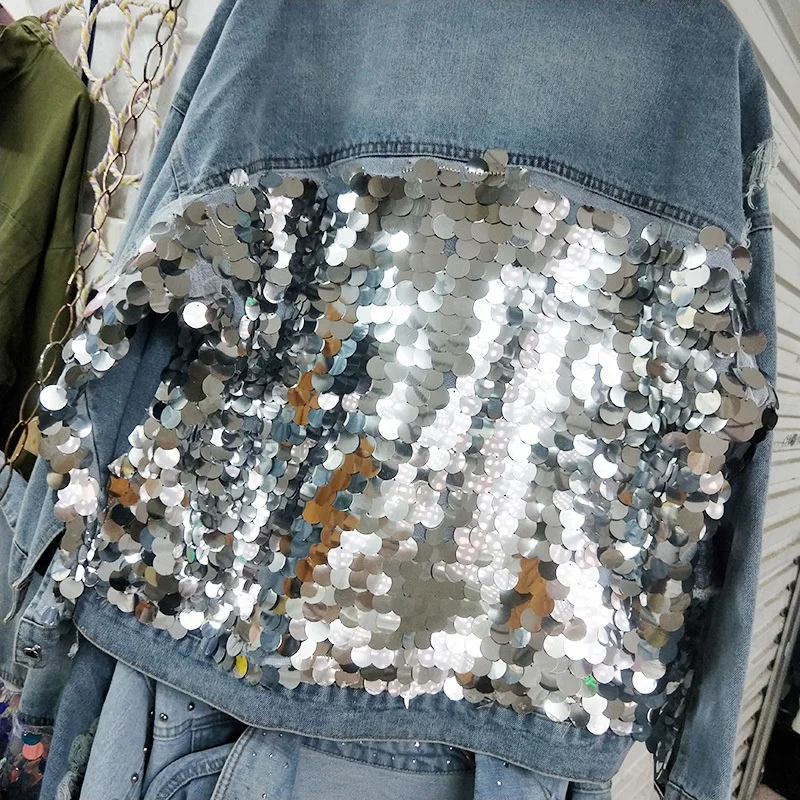 Женская джинсовая куртка с блестками синяя блестящая Куртка Свободного Покроя в