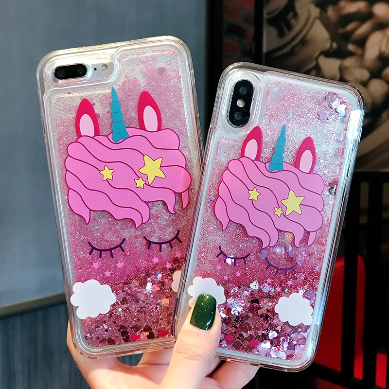 Модный мягкий чехол из ТПУ с розовым рисунком единорога и жидким песком для iPhone 6
