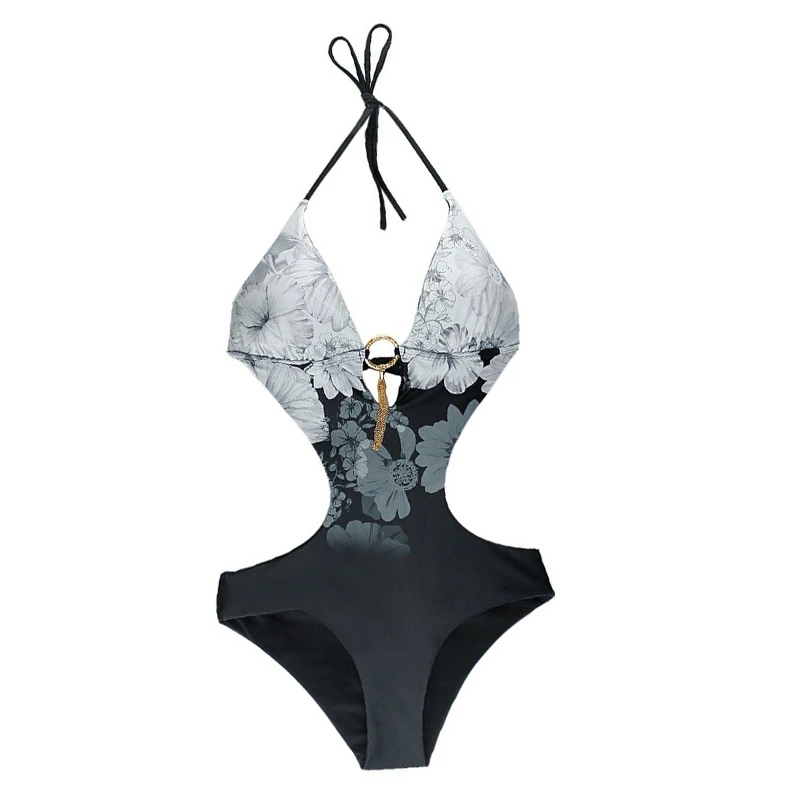 

Swimwear Women Swimsuit Women One Piece Bathing Suit Black White Flower Sexy Tassels Backless Bandage Ink Painting Swimming Suit