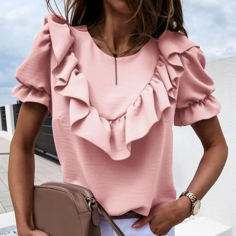 

2021 Summer Women Blouse Shirt Ladies Summer Short Sleeve Shirt Casual Streetwear O Neck Ruffled Tee Shirt Blouse Tops Female