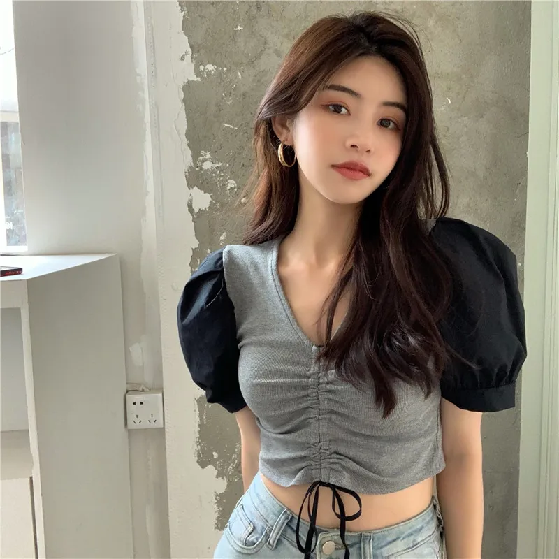 

Женская короткая футболка на шнуровке, облегающая простроченная футболка с коротким рукавом-фонариком в Корейском стиле на лето