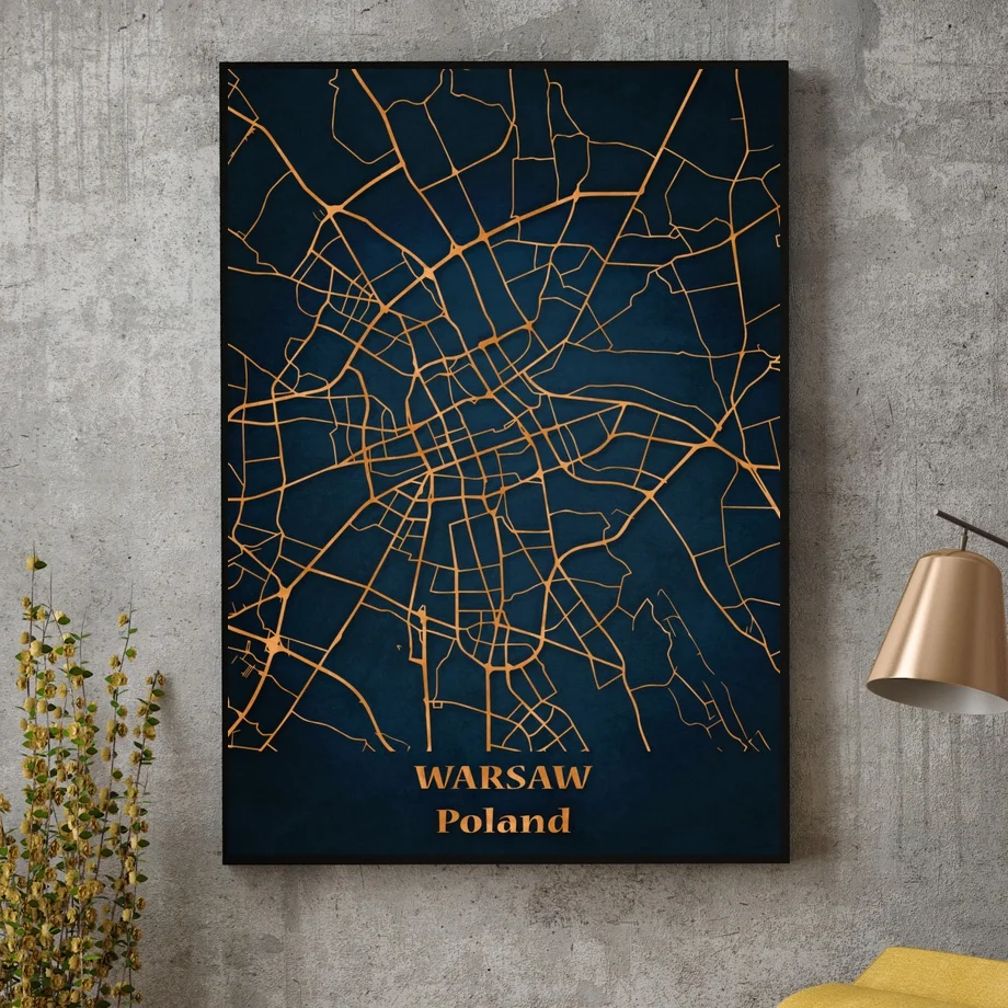 Абстрактная Карта города варшва Польша скандинавский синий и золотой