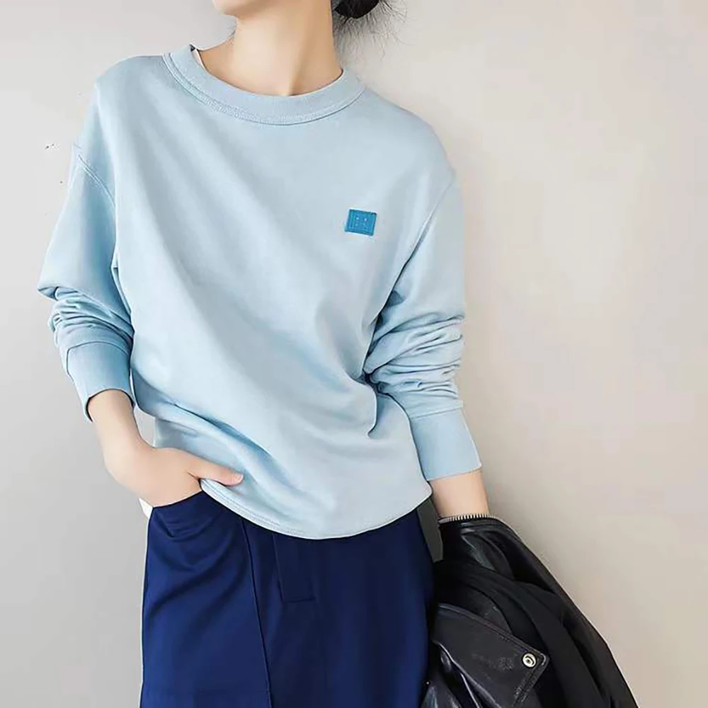 

Rowling Solid Smiley Sign Sweatshirt Women Long Sleeve Sign Embroidery O-Neck Cotton Female Pullovers Causal Classic Lady Tops