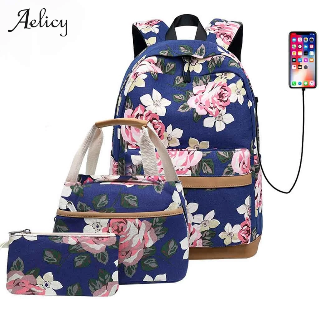 Aelicy Цветочная школьная сумка 3 шт. высокого качества Женский рюкзак для