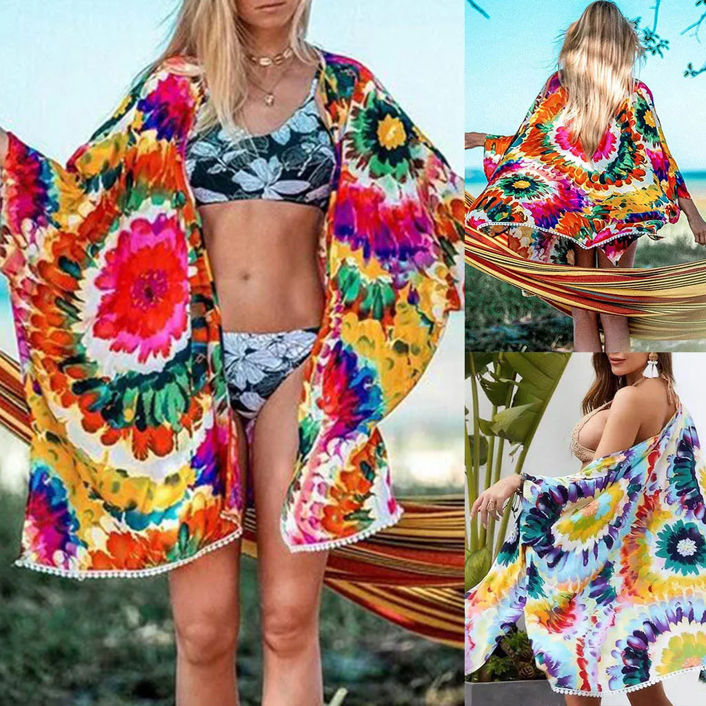 

Womens Fashion Sexy Long Sleeves Tie-dyed Printing Beach Smock Blouse Tops Camisa Ropa de mujer