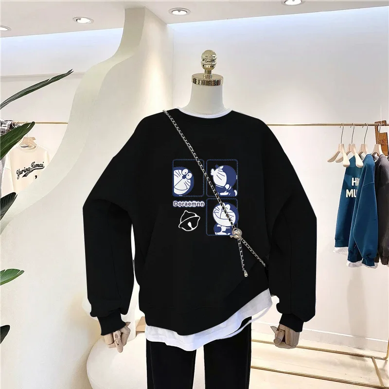 

Korean Style Cute Doraemon Print Women Round Neck Hoodies Vintage Black Long Sleeve Warm Sweatshirts Anime Fake Two Pullover Top