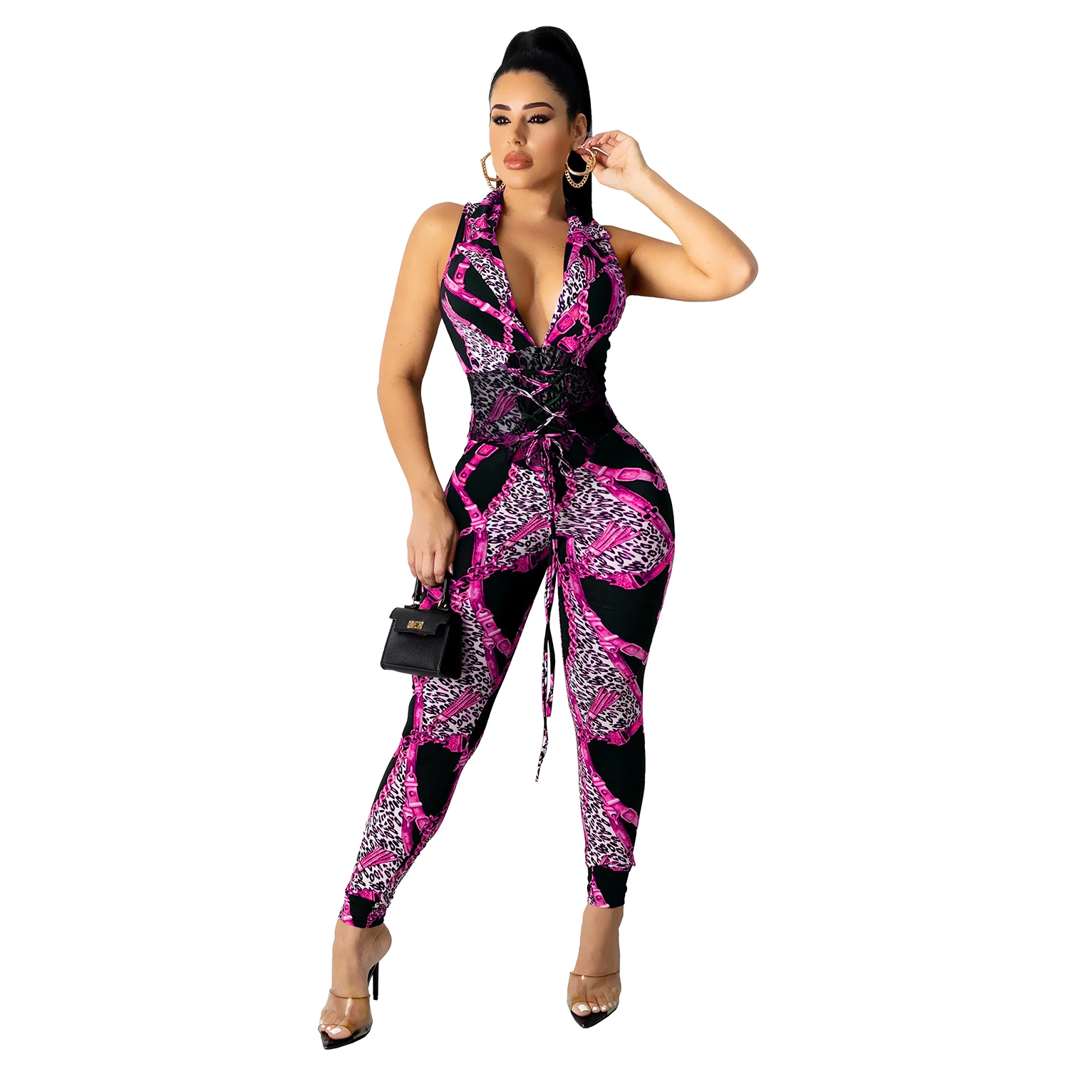 Stylish V Neck Printed Spandex Rompers Women Sexy Summer Bandage Waist Lace Up Straps Pencil Leg Pants Slim Jumpsuit Outfits