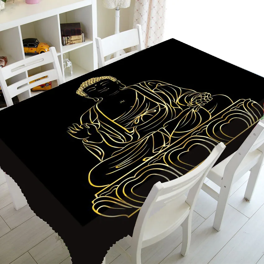 

Black Gold Line Art Buddha Statue Buddhism Table Cloth Cover for Buddhist Home Decor Rectangle Square Tablecloth Tablecover Gift