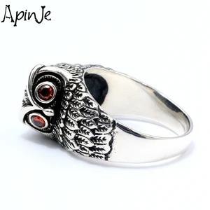 Apinje Fine S925 Sterling Silver Ring for Men And Women Vintage Red Stone Owl Patron Saint Man Fashion Rings