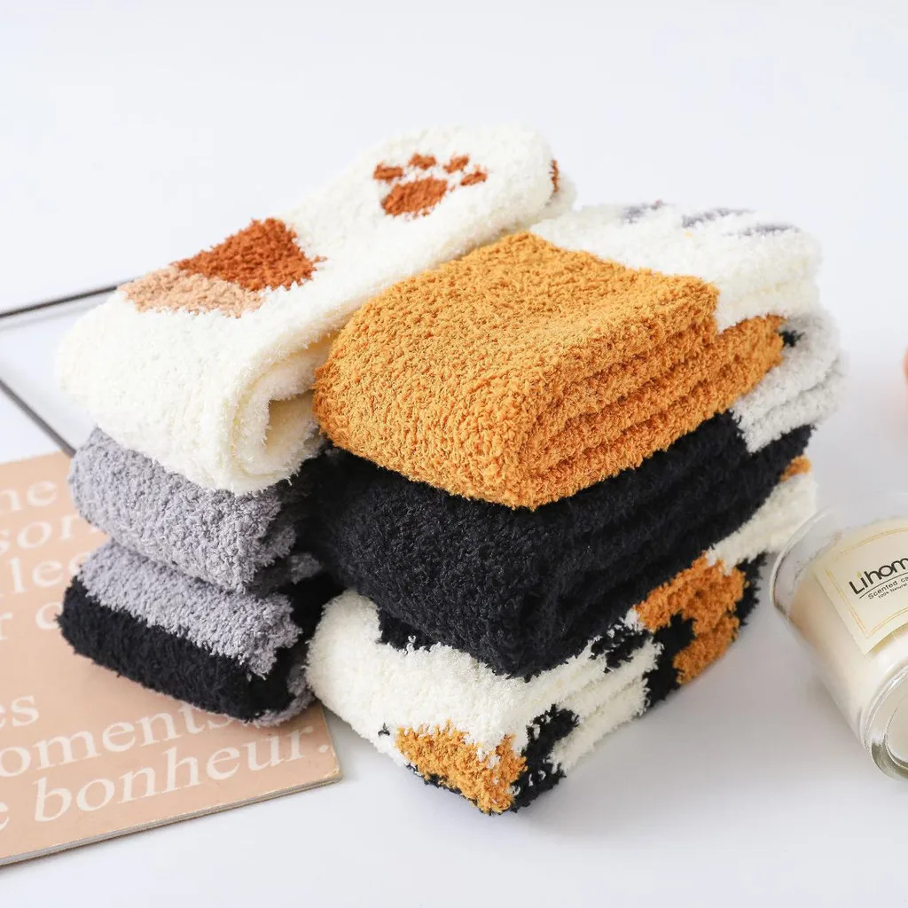 

1 Pair Women Socks Fashion Lovely Cartoon Cat Claw Coral Printed Winter Thickening Warm Fuzzy Middle Socks Plus Size#