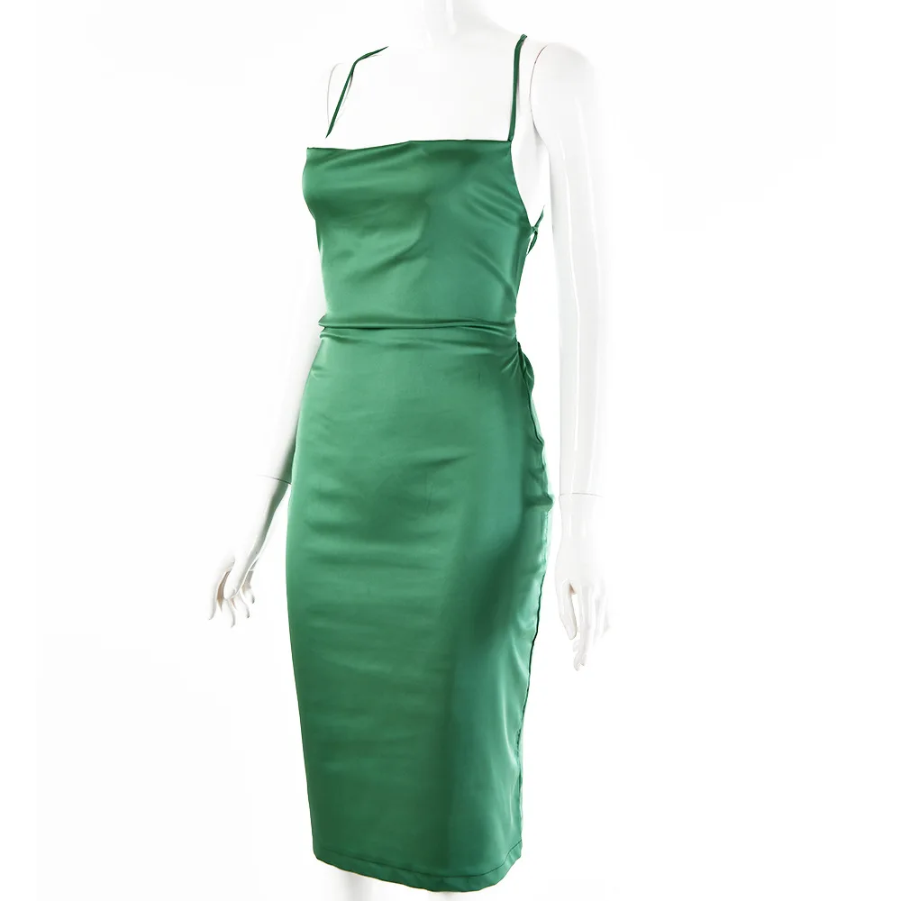 Летнее атласное сексуальное облегающее платье на шнуровке с открытой спиной