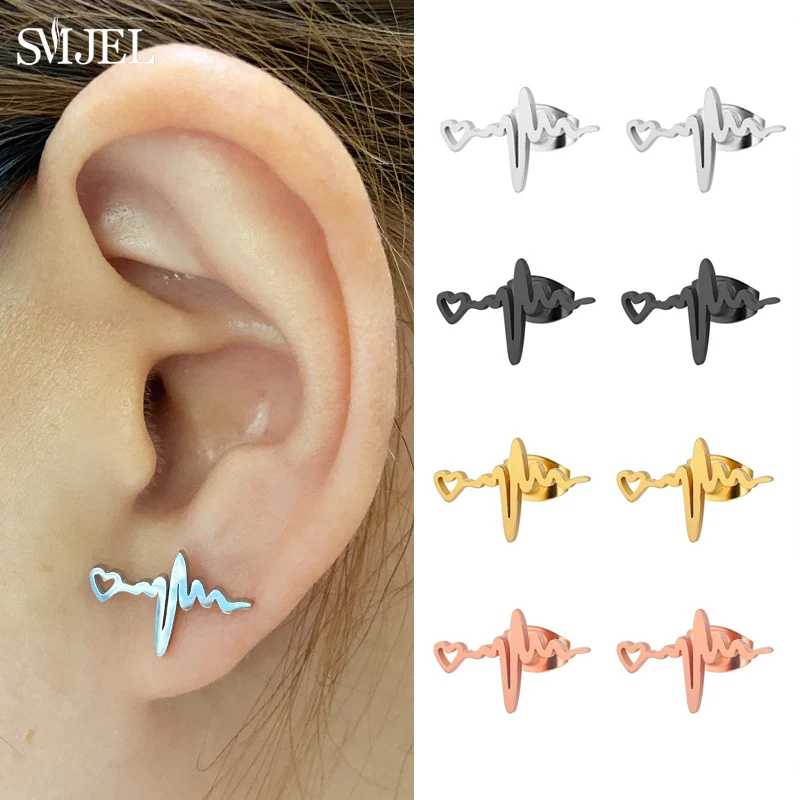 

SMJEL Tiny Heartbeat Stud Earrings Medical ECG Romantic Heart Earings Stainless Steel Nurse Doctor Daily Wear Jewelry Women Gift